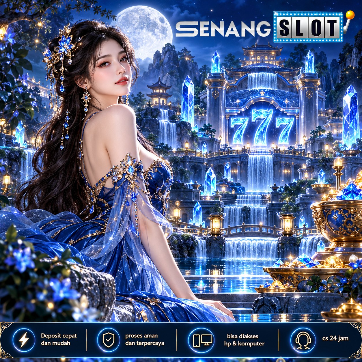Ilustrasi SENANGSLOT dengan nuansa biru dan tema game fantasi
