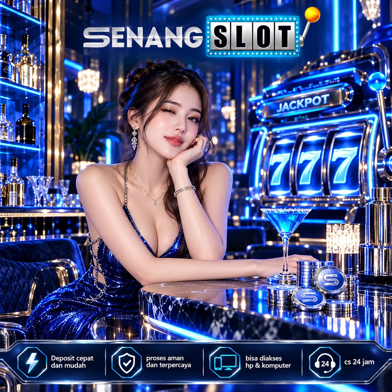 Ilustrasi SENANGSLOT dengan nuansa biru dan tema game fantasi