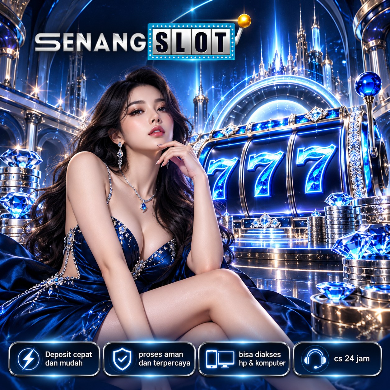 Ilustrasi SENANGSLOT dengan nuansa biru dan tema game fantasi